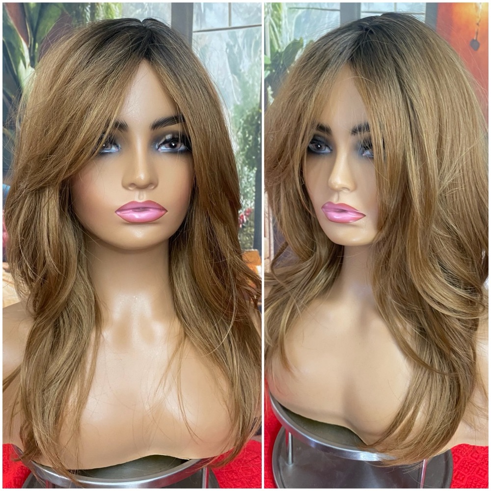 warm golden brunette Layered Wig - curtain bangs and roots